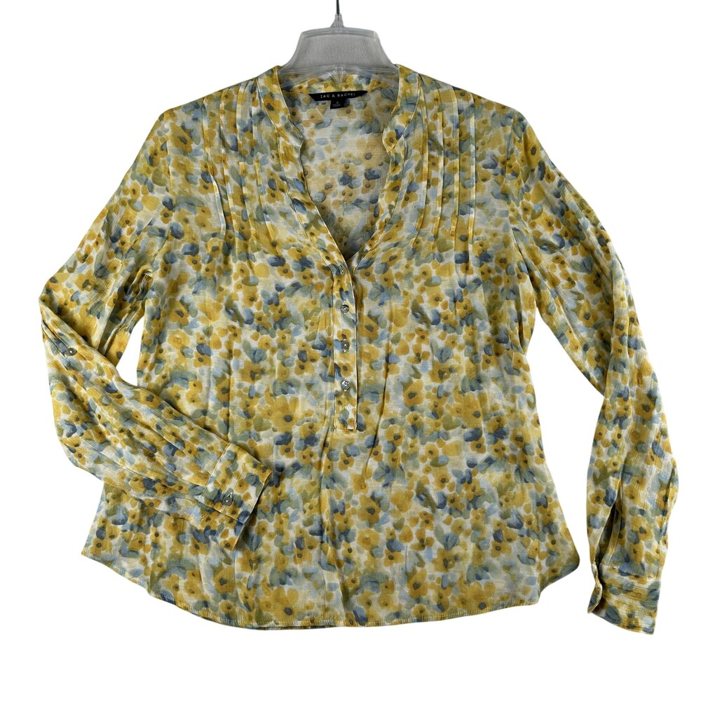 Zac & Rachel Shirt Womens Small Yellow Floral Lightweight V-Neck Roll Tab Blouse